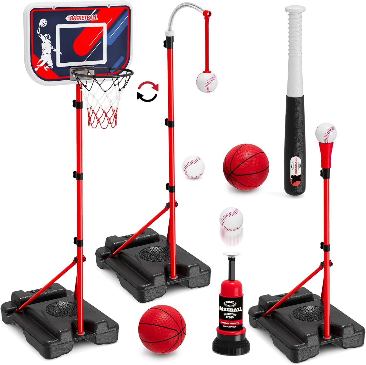 Kids Outdoor Set - 4-in-1 Kids Basketball Hoop & T-Ball