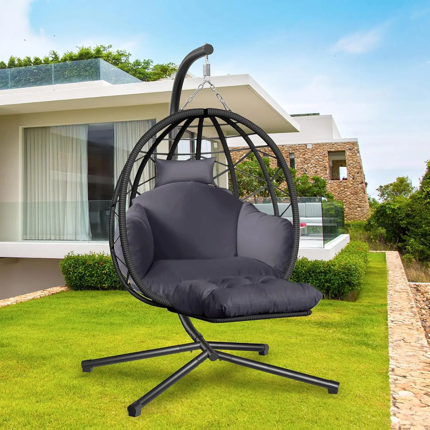 Kids Outdoor Hanging Chair - Hanging Egg Chair with Stand and