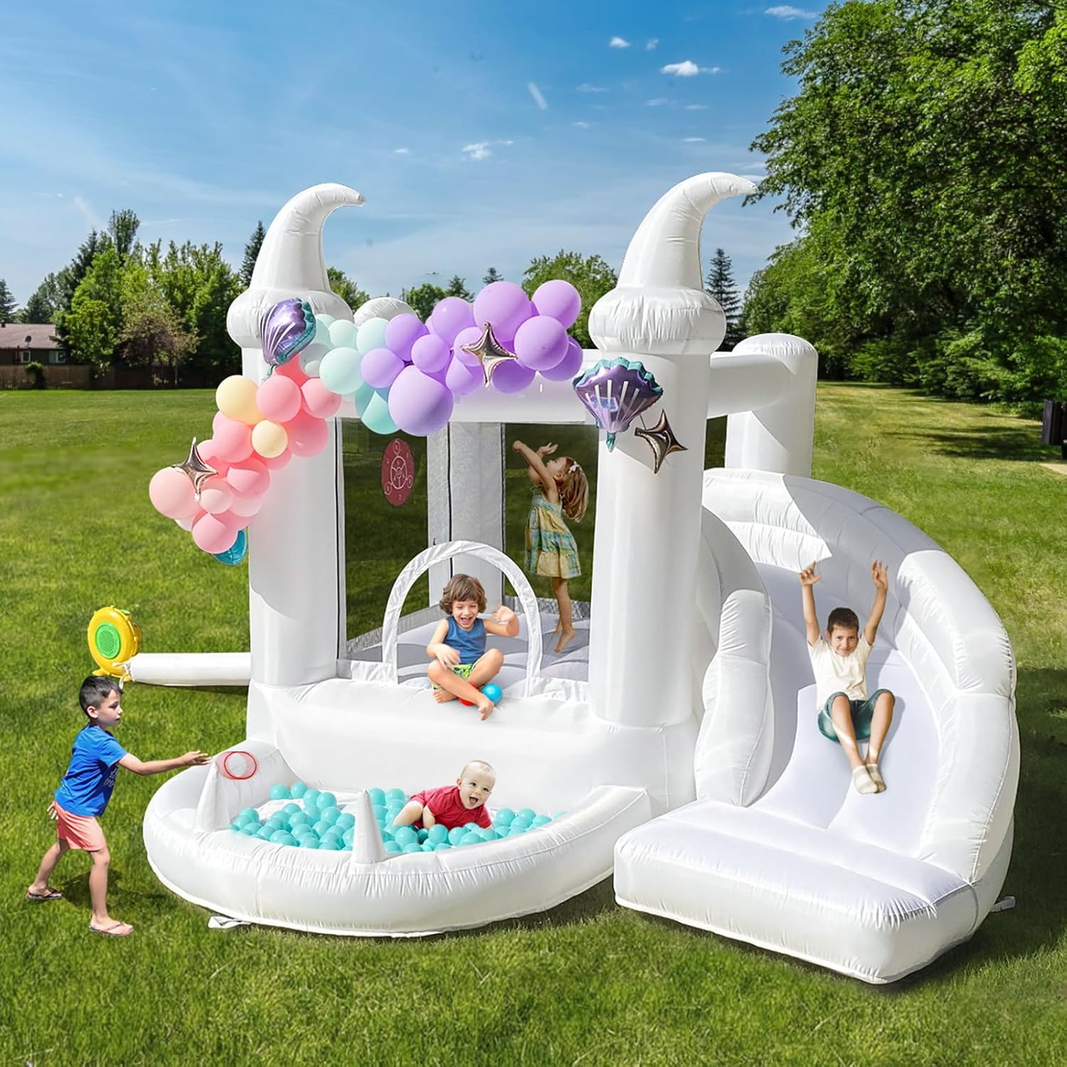 Kids Outdoor Jumping Castle - White Inflatable Bouncy Castle 3-in-1 for