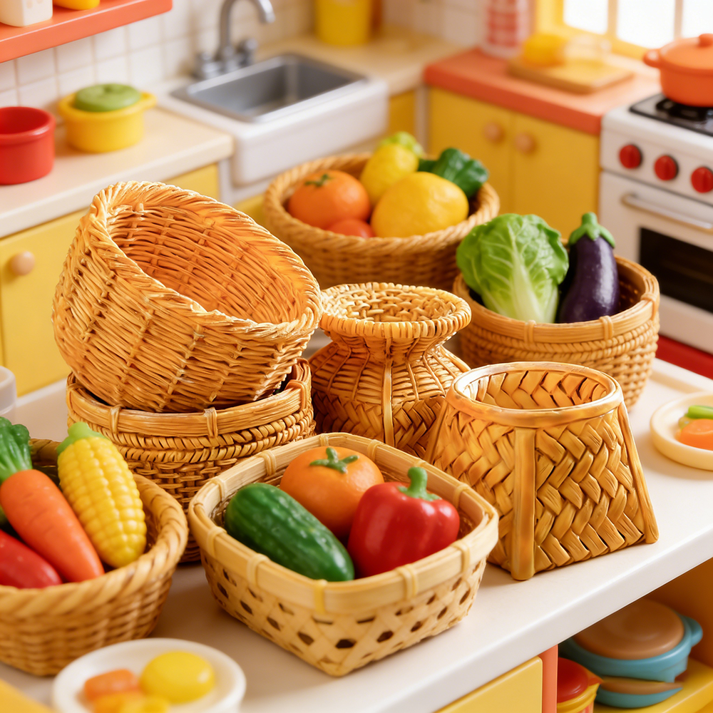 Kids Outdoor Kitchen Accessories - 1/12 Dollhouse Miniature Rattan Basket Simulation