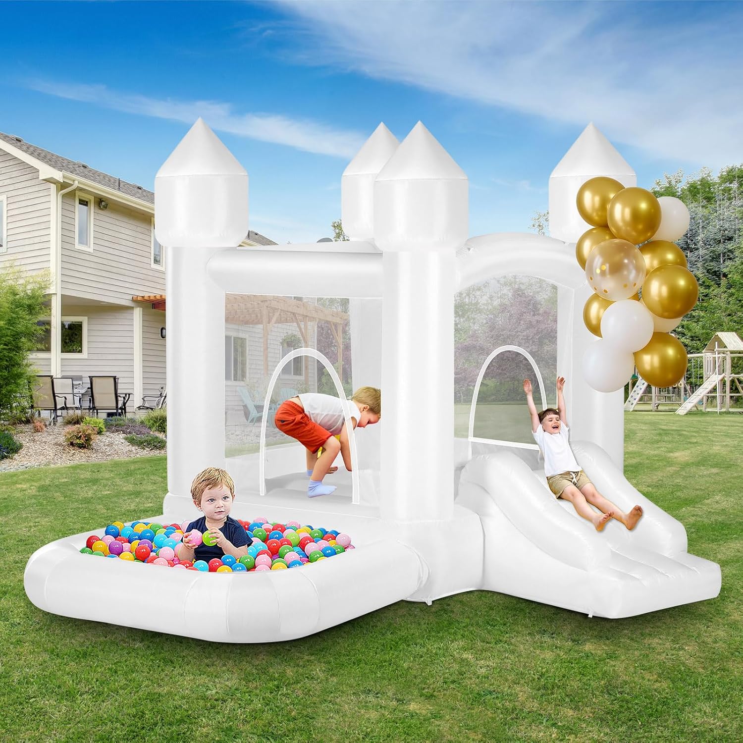 Kids White Bounce House with B – Kids Outdoor Jump House Bewertung und Preis