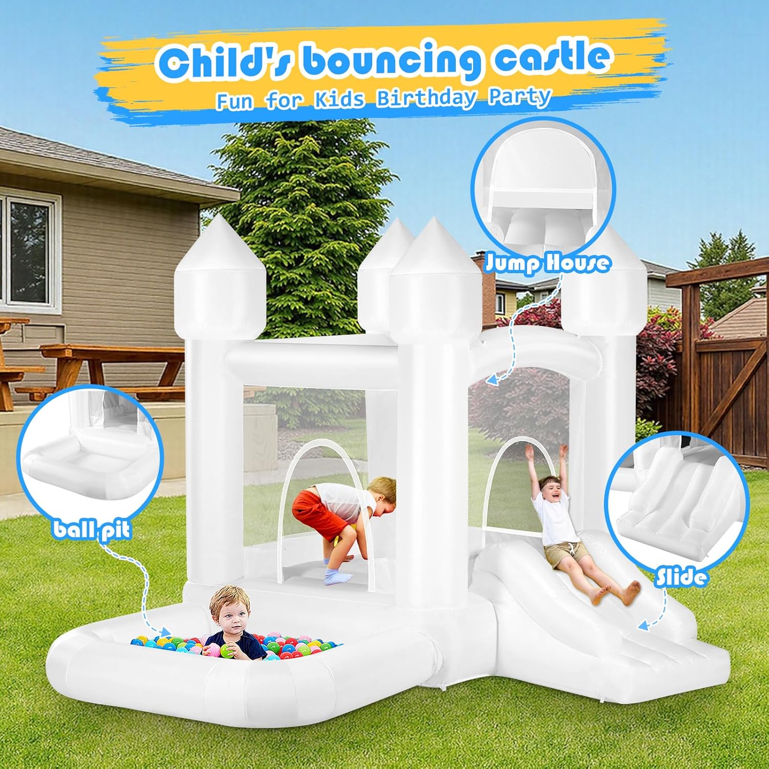 Kids White Bounce House with B – Kids Outdoor Jump House Bewertung und Preis