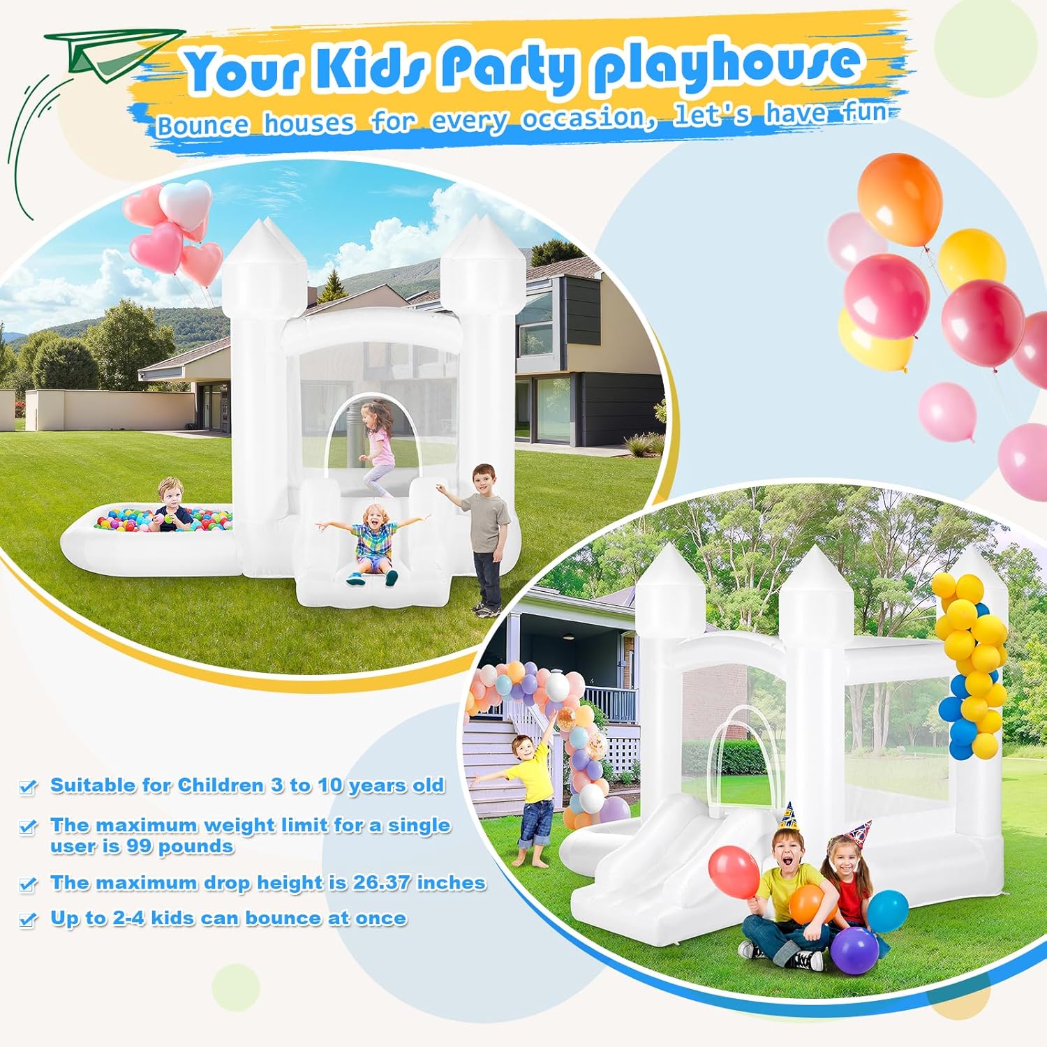 Kids White Bounce House with B – Kids Outdoor Jump House Bewertung und Preis